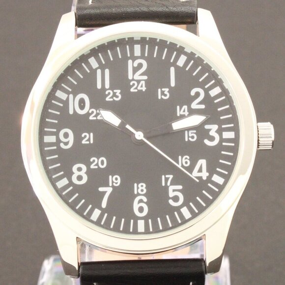 Men's Quartz Field Watch Silver Case Black Leather Strap 42mm - Picture 9 of 12